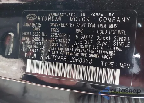 2015 Hyundai Tucson Gls из США, поврежденный, VIN KM8JTCAF8FU068933